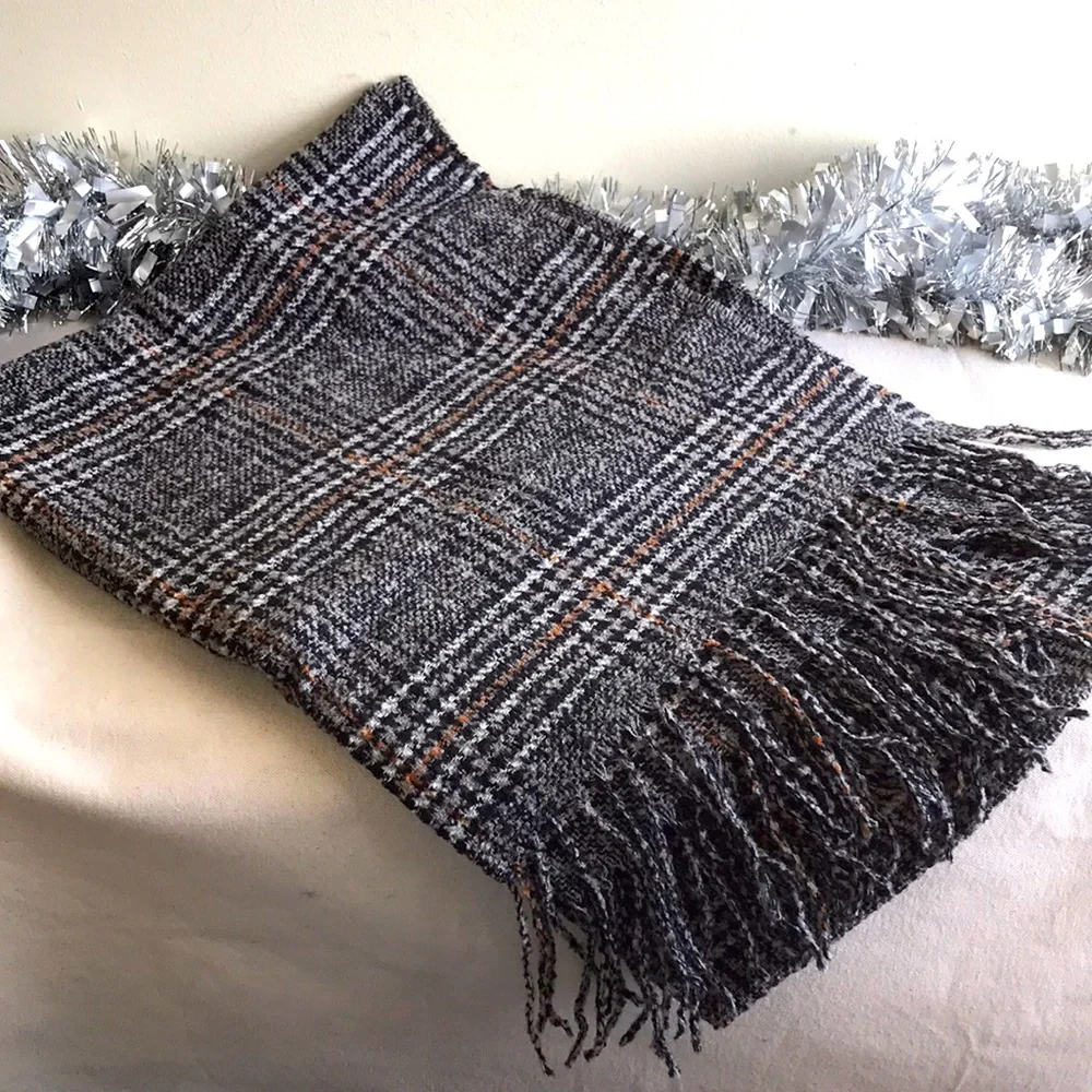 NWT Madewell Menswear tweed pattern plaid scarf grey black Menswear Plaid Scarf